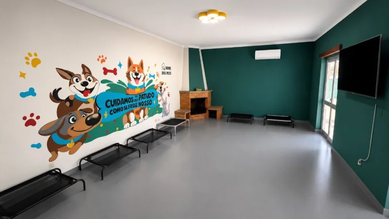 Sala de descanso e brincadeira da Home dos Pets com mural ilustrado, lareira e camas para os cães