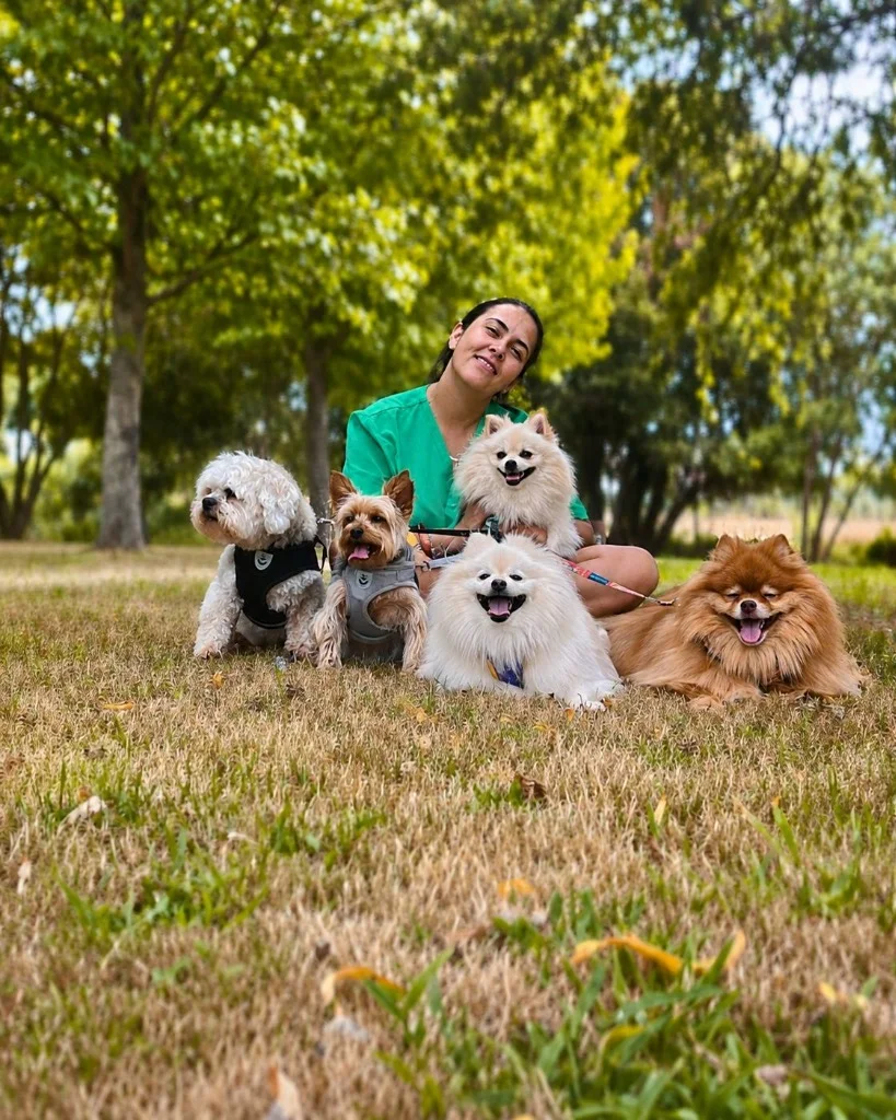 Jussara Cunha da Home dos Pets rodeada de patudos felizes na relva em Viseu
